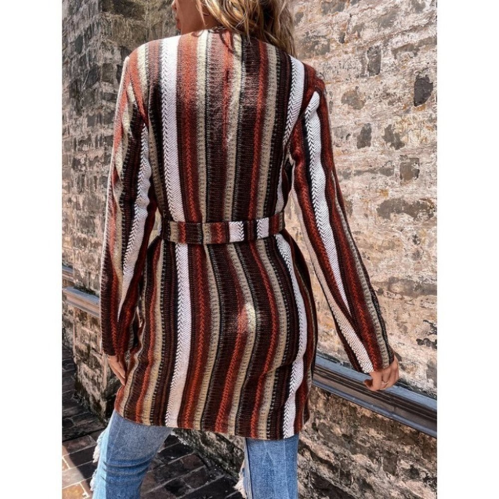 Tweed Striped Waterfall Front Belted Coat Brown - Picture 12 of 12